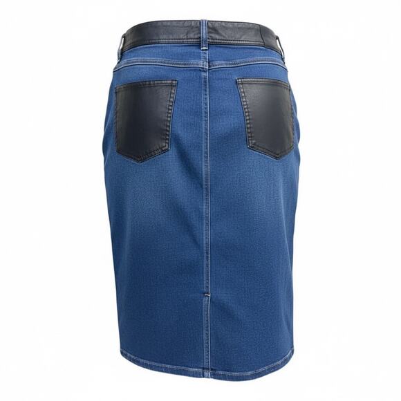 EST 1946 Blue Denim Skirt Size 14 Mid Length street chic Leather Trim Pockets - Picture 3 of 7